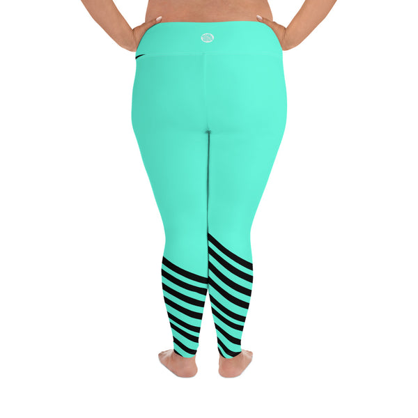 Turquoise Blue Black Diagonal Stripe Women's Yoga Pants Plus Size Yoga Leggings-Women's Plus Size Leggings-Heidi Kimura Art LLC