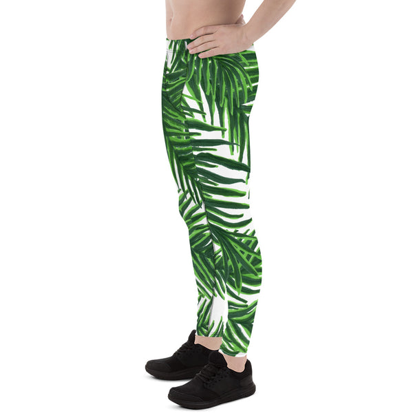 Green White Tropical Palm Leaf Print Designer Men's Leggings Tights - Made in USA/EU-Men's Leggings-Heidi Kimura Art LLC