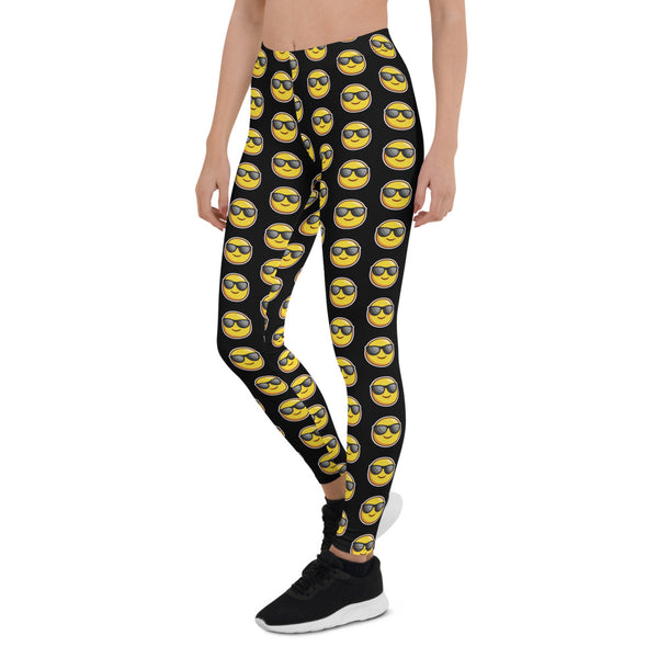 Black Sunshine Emoji Casual Leggings, Women's Tights-Made in USA/EU-Heidi Kimura Art LLC-Heidi Kimura Art LLC