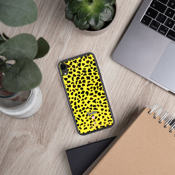 Yellow Leopard Print iPhone Case, Animal Print Custom Name Phone Case-Heidi Kimura Art LLC-Heidi Kimura Art LLC