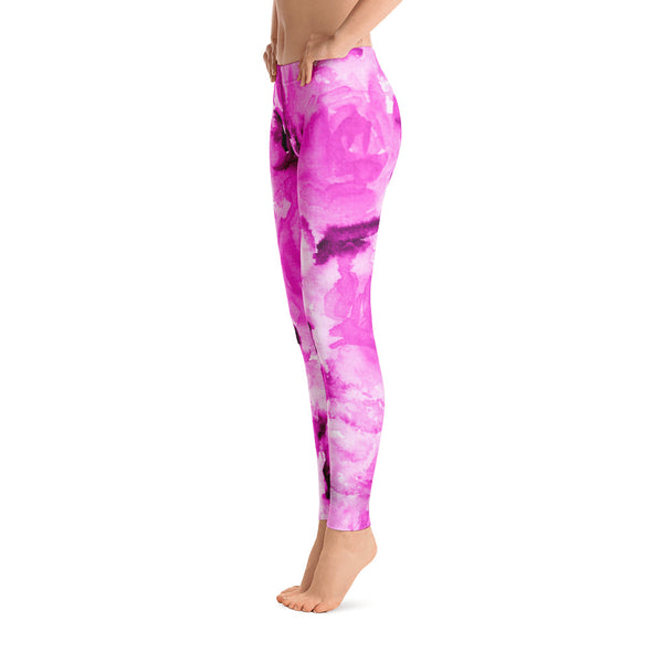 Pink Rose Floral Print Women's Long Casual Leggings/ Running Tights - Made in USA/EU-Casual Leggings-Heidi Kimura Art LLC
