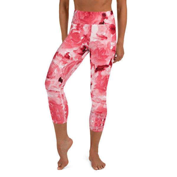 Pink Rose Abstract Capris Tights, Floral Print Women's Yoga Capri Pants  Leggings With Pockets- Made In USA