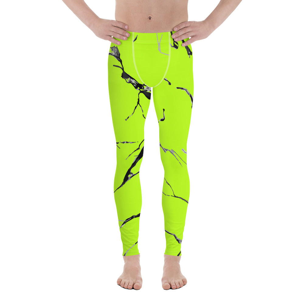 Neon Green Marble Texture Print Sexy Meggings Men's Workout Gym Tights Leggings-Men's Leggings-XS-Heidi Kimura Art LLC