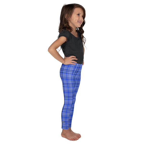 Blue Preppy Scottish Tartan Plaid Print Kid's Leggings Fitness Pants- Made in USA/EU-Kid's Leggings-Heidi Kimura Art LLC