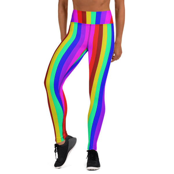 Gay Pride Rainbow Striped Tights, Colorful Ladies Yoga Leggings-Made in USA/EU-Heidi Kimura Art LLC-Heidi Kimura Art LLC