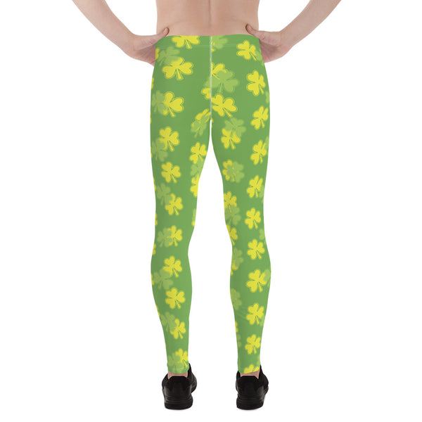 Pastel Green Clover Print St. Patrick's Day Men's Leggings Meggings - Made in USA/EU-Men's Leggings-Heidi Kimura Art LLC