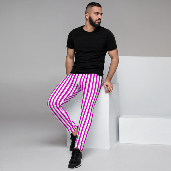 Pink White Striped Men's Joggers, Circus Colorful Modern Vertical Stripes Casual Minimalist Slim-Fit Designer Ultra Soft & Comfortable Men's Joggers, Men's Jogger Pants-Made in EU (US Size: XS-3XL)