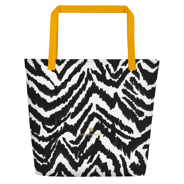 Modern Black White Zebra Animal Pattern Print Large Tote 16"x20" Beach Bag- Made in USA/EU-Beach Tote Bag-Yellow-Heidi Kimura Art LLC