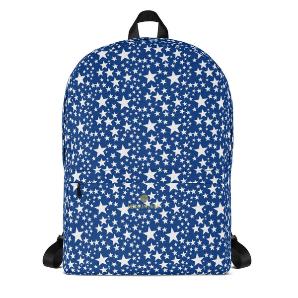 Blue White Star Pattern Print Designer Laptop For School Backpack Bag- Made in USA/EU-Backpack-Heidi Kimura Art LLC Blue White Backpack, Blue White Stars Pattern Print Designer Medium Size (Fits 15" Laptop) Water Resistant College Unisex Backpack Bag for Travel/ School/ Work - Made in USA/ Europe, White School Backpack, Laptop Backpack, Backpacks For School