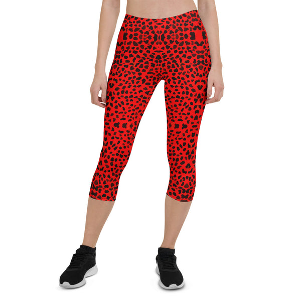 Red Cheetah Capri Leggings, Animal Print Women's Capris Tights-Made in USA/EU-Heidi Kimura Art LLC-Heidi Kimura Art LLC