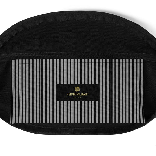 Gray Black Vertical Stripe Print Designer Fanny Pack Festival Belt Waist Bag -Made in USA-Fanny Pack-Heidi Kimura Art LLC