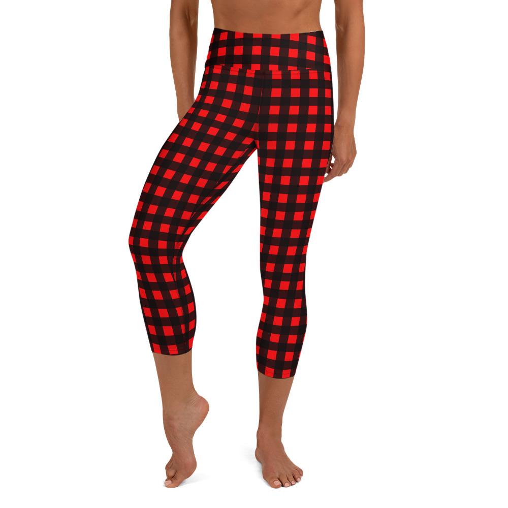 Buffalo Red Plaid Print Women's Designer Yoga Capri Leggings Pants- Made in USA/ EU-Capri Yoga Pants-XS-Heidi Kimura Art LLC