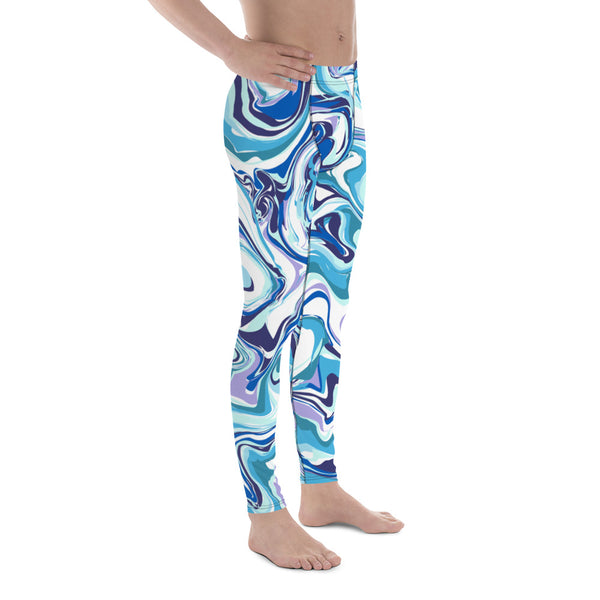 Blue Marble Acrylic Pour Abstract Print Sexy Meggings Men's Workout Gym Tights-Men's Leggings-Heidi Kimura Art LLC Blue Marble Meggings, Blue Marble Acrylic Pour Abstract Print Sexy Meggings Men's Workout Gym Tights Leggings-Made in USA/EU (US Size: XS-3XL)