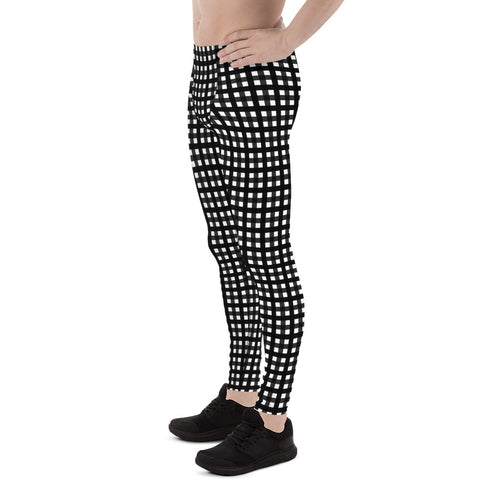 Black White Buffalo Plaid Print Premium Men's Leggings Compression Tights-Made in USA/EU-Men's Leggings-Heidi Kimura Art LLC Black White Buffalo Meggings, Black White Buffalo Plaid Print Premium Classic Elastic Comfy Men's Leggings Fitted Tights Pants - Made in USA/EU (US Size: XS-3XL) Spandex Meggings Men's Workout Gym Tights Leggings, Compression Tights, Kinky Fetish Men Pants