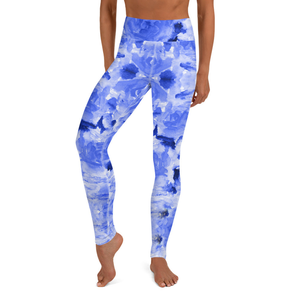 Blue Rose Yoga Leggings, Floral Print Women's Long Tights-Made in USA/EU-Heidi Kimura Art LLC-XS-Heidi Kimura Art LLC