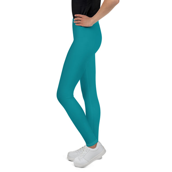 Teal Blue Solid Color Designer Youth Sports Gym Elastic Comfy Leggings - Made in USA/EU-Youth's Leggings-Heidi Kimura Art LLC
