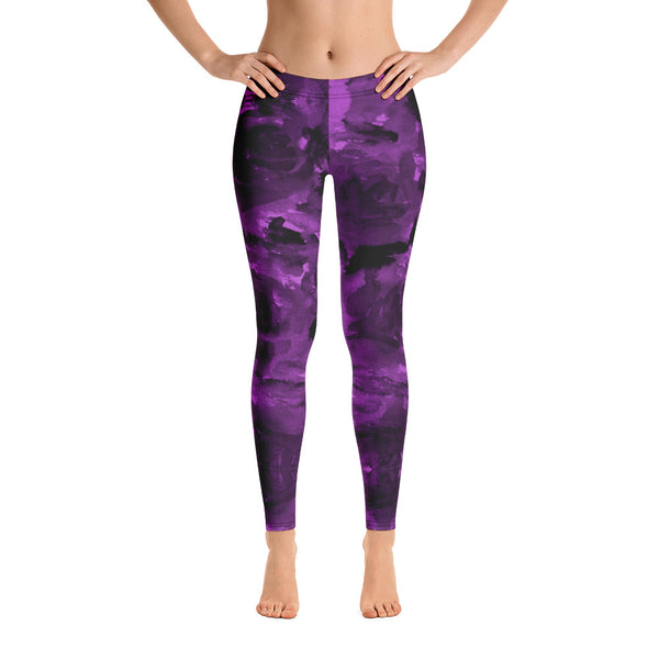 Purple Floral Causal Leggings, Women's Fashion Tights-Made in USA/EU-Heidi Kimura Art LLC-Heidi Kimura Art LLC Purple Rose Women's Casual Leggings, Purple Rose Floral Print Women's Long Casual Leggings/ Running Tights - Made in USA/EU/MX (US Size: XS-XL)