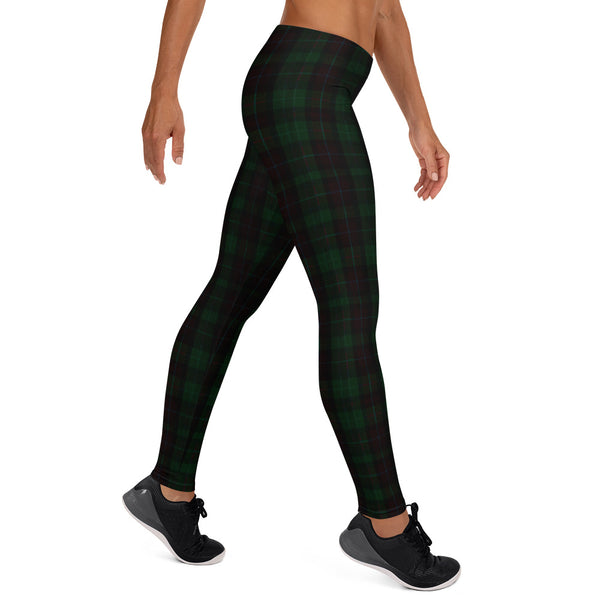 Dark Green Plaid Casual Leggings, Women's Fashion Tights-Made in USA/EU-Heidi Kimura Art LLC-Heidi Kimura Art LLC