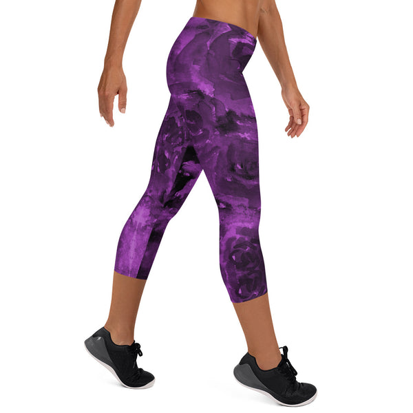 Purple Floral Capri Leggings, Mulberry Purple Floral Tights, Mulberry Purple Rose Floral Designer Capri Leggings Outfit - Made in USA (US Size: XS-XL)