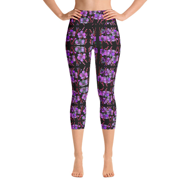 Purple Orchids Yoga Capri Leggings, Floral Print Women's Capris Tights- Made in USA/EU-Heidi Kimura Art LLC-Heidi Kimura Art LLC