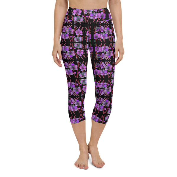 Purple Orchids Yoga Capri Leggings, Floral Print Women's Capris Tights- Made in USA/EU-Heidi Kimura Art LLC-Heidi Kimura Art LLC