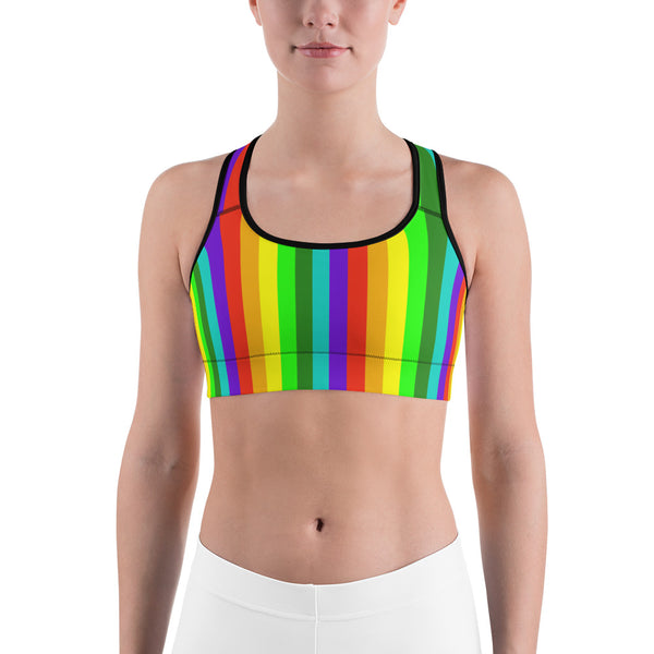 Colorful Bright Rainbow Stripe Print Women's Workout Fitness Bra - Made in USA/EU (XS-2XL)-Sports Bras-Black-XS-Heidi Kimura Art LLC