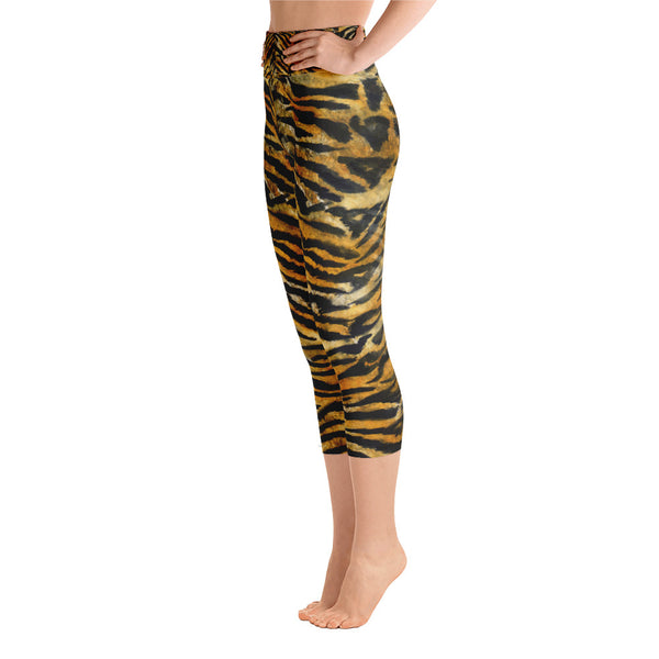 Tiger Striped Print Capri Yoga Pants, Women's Elastic Animal Print Capris-Made in USA/EU-Capri Yoga Pants-Heidi Kimura Art LLC