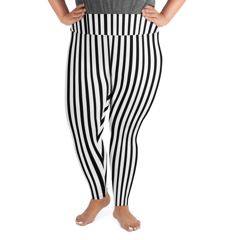 Vertical Black White Stripe Print Women's Plus Size Leggings Tights- Made in USA/ EU-Women's Plus Size Leggings-2XL-Heidi Kimura Art LLC