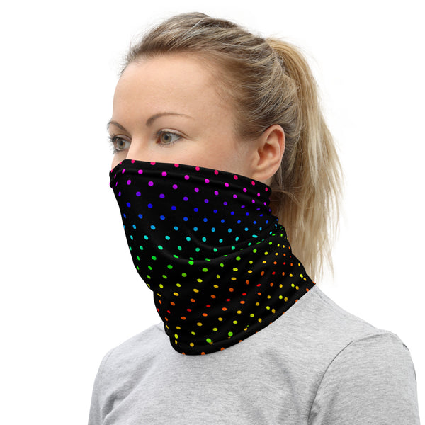 Black Rainbow Dots Neck Gaiter, Washable Bandana Face Mask Covering-Made in USA/EU-Heidi Kimura Art LLC-Heidi Kimura Art LLC Black Rainbow Dots Neck Gaiter, Polka Dots Print Luxury Premium Quality Cool And Cute One-Size Reusable Washable Scarf Headband Bandana - Made in USA/EU, Face Neck Warmers, Non-Medical Breathable Face Covers, Neck Gaiters  