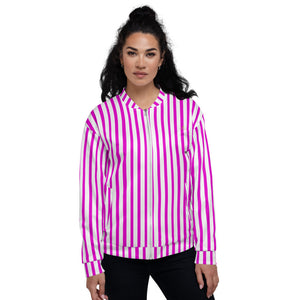 Pink Stripe Bomber Jacket, Unisex Jacket For Men or Women-Heidi Kimura Art LLC-XS-Heidi Kimura Art LLC Pink Stripe Bomber Jacket, Vertical Striped Print Jacket, Modern Premium Quality Modern Unisex Jacket For Men/Women With Pockets-Made in EU