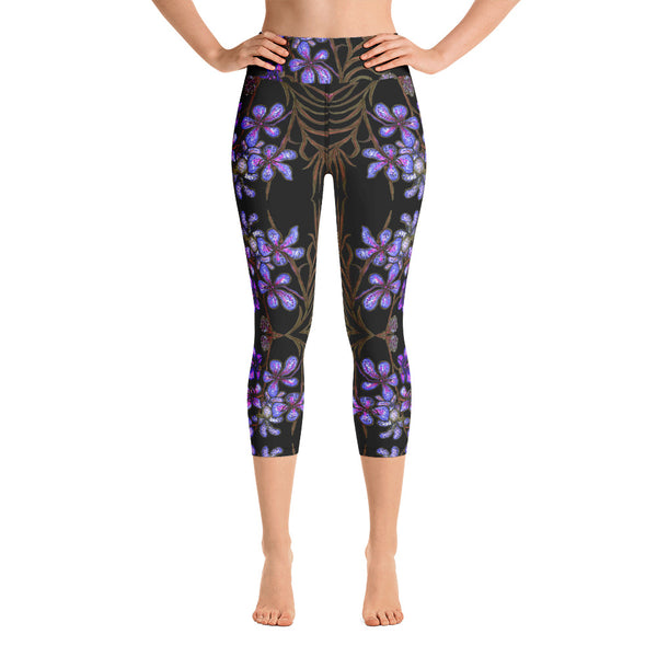 Violet Purple Yoga Capri Leggings, Orchids Floral Print Capris Tights-Made in USA/EU-Heidi Kimura Art LLC-Heidi Kimura Art LLC