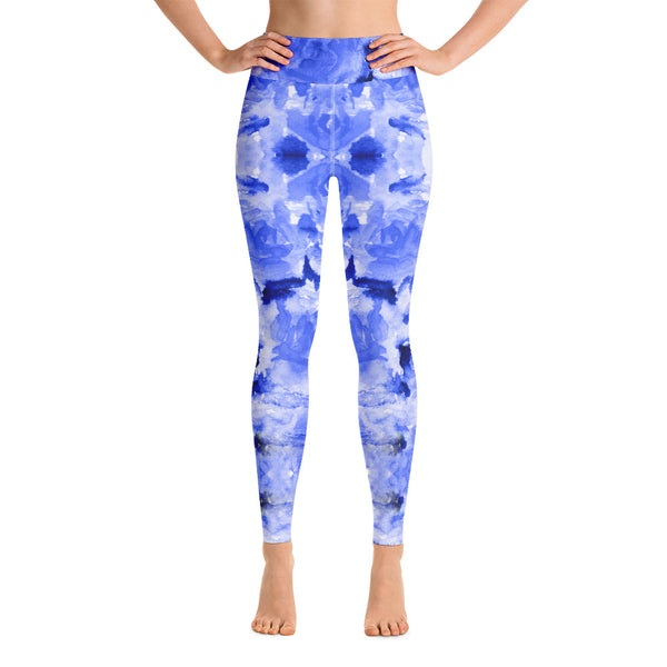 Blue Rose Yoga Leggings, Floral Print Women's Long Tights-Made in USA/EU-Heidi Kimura Art LLC-Heidi Kimura Art LLC