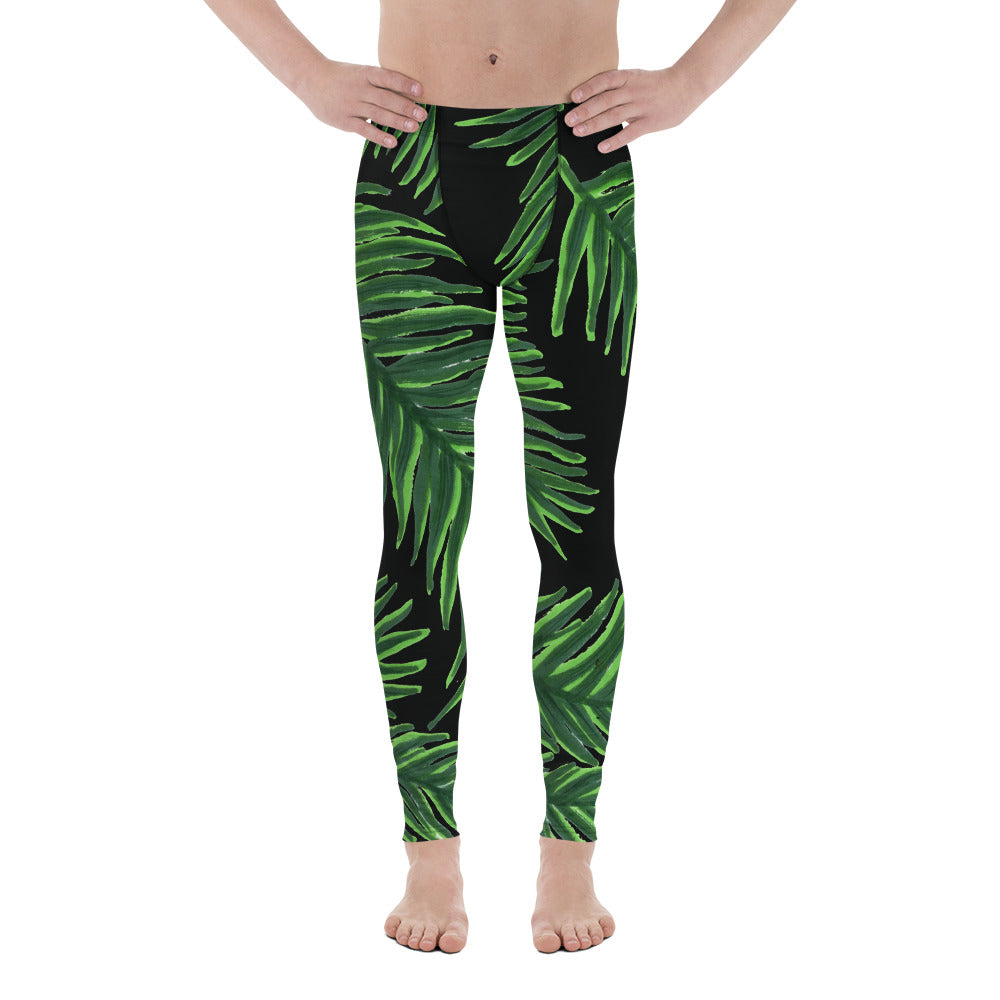 Green Tropical Leaf Meggings, Hawaiian Premium Black Men's Leggings-Made in USA/EU-Men's Leggings-XS-Heidi Kimura Art LLC
