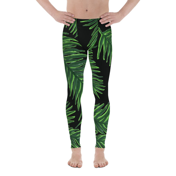 Green Tropical Leaf Meggings, Hawaiian Premium Black Men's Leggings-Made in USA/EU-Men's Leggings-XS-Heidi Kimura Art LLC