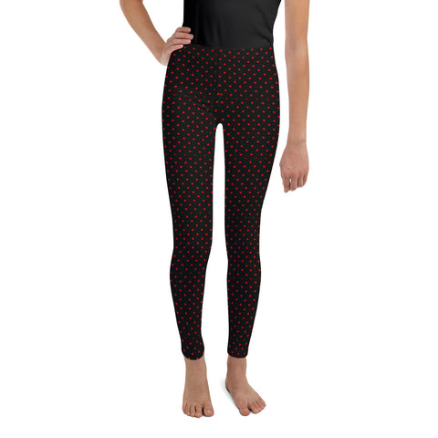 Polka Dots Print Youth Leggings, Premium Black & Red Long Yoga Pants - Made in USA/ EU-Youth's Leggings-8-Heidi Kimura Art LLC
