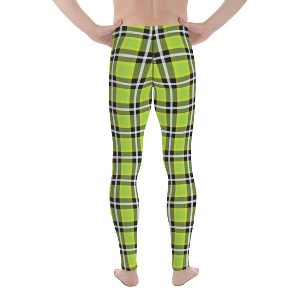 Green Plaid Tartan Print Meggings, Preppy Compression Pants Men's Leggings-Heidikimurart Limited -Heidi Kimura Art LLC