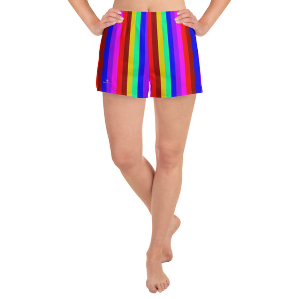 Gay Pride Shorts, Rainbow Stripe Women's Athletic Short Shorts-Heidi Kimura Art LLC-XS-Heidi Kimura Art LLC Gay Pride Shorts, Rainbow Stripe LGBTQ Friendly Print Designer Best Women's Athletic Running Short Printed Water-Repellent Microfiber Individually Sewn Shorts With Elastic Waistband With A Drawstring And Mesh Side Pockets - Made in USA/EU (US Size: XS-3XL) Running Shorts Womens, Printed Running Shorts, Plus Size Available, Perfect for Running and Swimming 