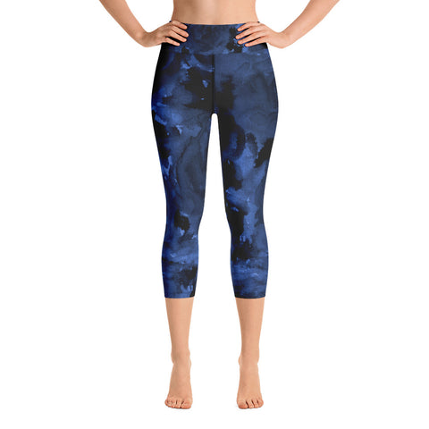Deep Blue Rose Floral Print Capri Leggings w/ Pockets Women's Yoga Pants-Capri Yoga Pants-XS-Heidi Kimura Art LLC