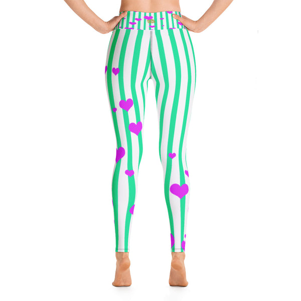 Women's Turquoise Blue Pink Striped Hearts Long Yoga & Barre Pants- Made in USA-Leggings-Heidi Kimura Art LLC Blue Striped Women's Leggings, Women's Turquoise Blue Pink Striped Hearts Active Wear Fitted Leggings Sports Long Yoga & Barre Pants - Made in USA/EU (US Size: XS-XL)