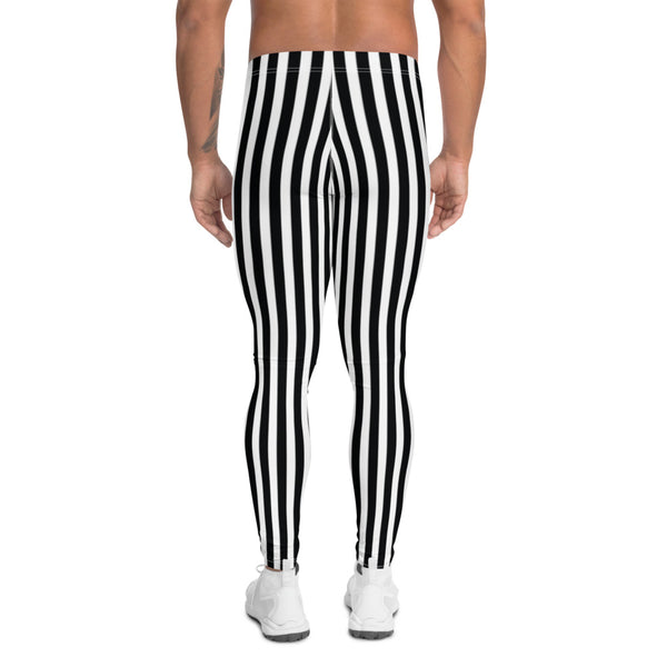 Best Striped Men's Leggings, Black White Athletic Running Tights For Men-Heidikimurart Limited -Heidi Kimura Art LLC Best Striped Men's Leggings, Black White Athletic Running Elastic Striped Men's Running Leggings & Run Tights Meggings Activewear- Made in USA/ Europe/ MX (US Size: XS-3XL)