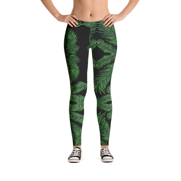Green Tropical Leaves Leggings, Palm Leaf Print Women's Casual Tights-Made in USA/EU-Heidi Kimura Art LLC-Heidi Kimura Art LLC