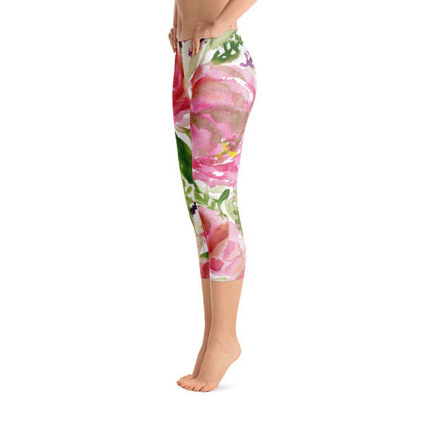 Rosewood Pink Rose Floral Capri Leggings Casual Comfy Outfits - Made in USA-capri leggings-Heidi Kimura Art LLC