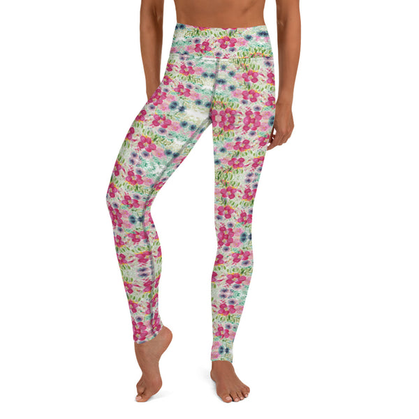Pink Floral Yoga Leggings-Heidikimurart Limited -Heidi Kimura Art LLCPink Floral Yoga Leggings, Pink Flower Rose Print Modern Women's Gym Workout Active Wear Fitted Leggings Sports Long Yoga & Barre Pants - Made in USA/EU/MX (US Size: XS-6XL)