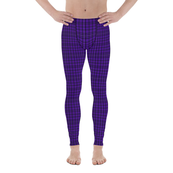 Purple Plaid Print Men's Leggings-Heidikimurart Limited -Heidi Kimura Art LLC Purple Plaid Print Men's Leggings, Tartan Preppy Scottish Style Sexy Meggings Men's Workout Gym Tights Leggings, Men's Compression Tights Pants - Made in USA/ EU/ MX (US Size: XS-3XL) 