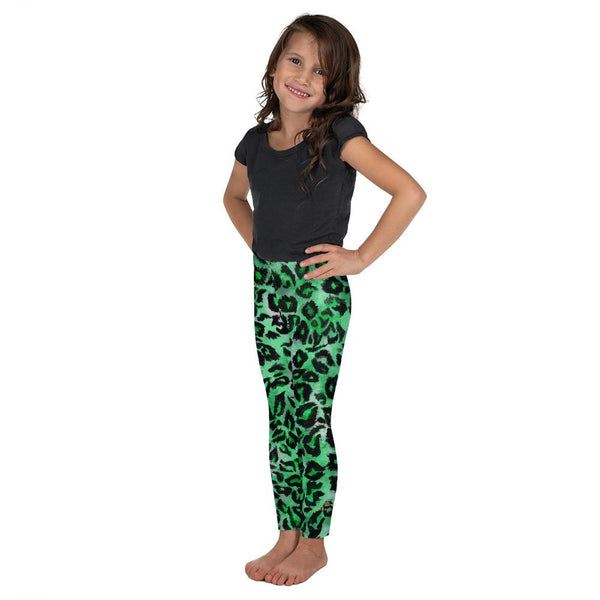 Green Leopard Animal Print Premium Kid's Leggings Running Tights- Made in USA/EU-Kid's Leggings-Heidi Kimura Art LLC