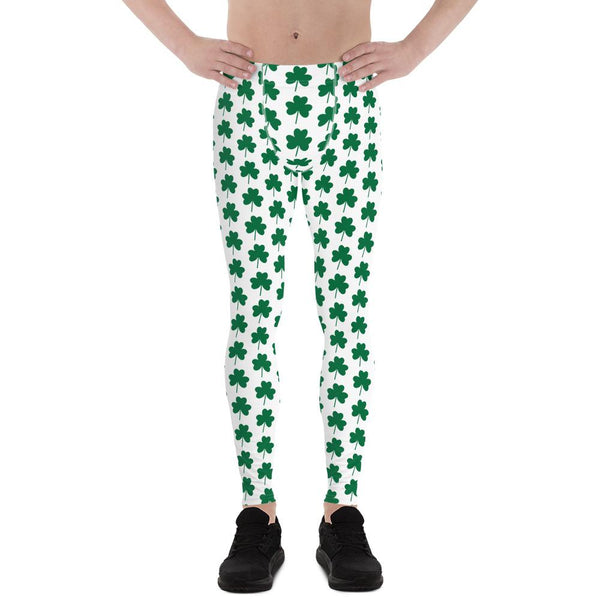 White Green Clover Leaf Print St. Patrick's Day Men's Leggings Meggings-Made in USA/EU-Men's Leggings-XS-Heidi Kimura Art LLC