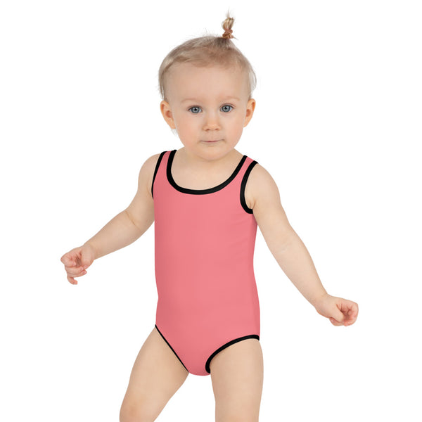 Peach Pink Girl's Swimwear, Solid Color Print Kids Swimsuit-Heidi Kimura Art LLC-2T-Heidi Kimura Art LLC