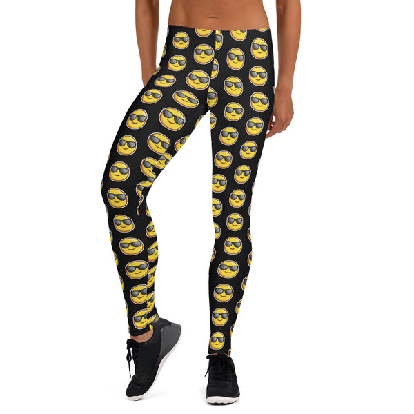 Black Sunshine Emoji Casual Leggings, Women's Tights-Made in USA/EU-Heidi Kimura Art LLC-Heidi Kimura Art LLC