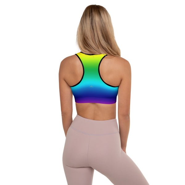 Rainbow Horizontal Ombre Print Women's Padded Premium Sports Bra- Made in USA/EU-Sports Bras-Heidi Kimura Art LLC