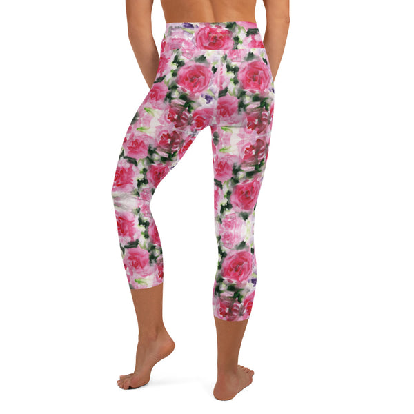 Pink Rose Yoga Capri Leggings-Heidikimurart Limited -Heidi Kimura Art LLC Pink Rose Yoga Capri Leggings, Floral Print Best Floral Flower Print Comfy Capri Leggings Yoga Fitness Tight Gym Pants - Made in USA/EU/MX (US Size: XS-XL)